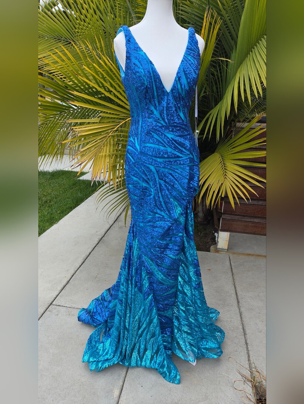 Jovani Teal and Royal Blue Sequined Mermaid Prom Dress